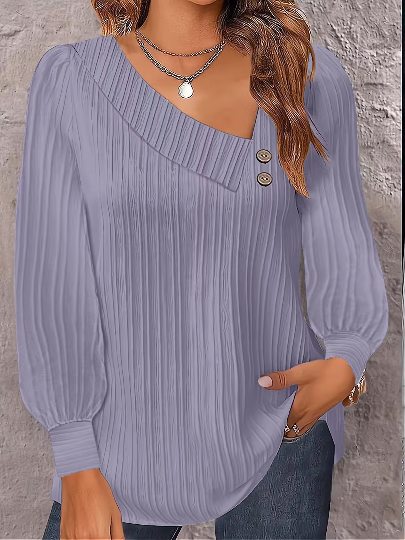 Women V Neck Pleated Front Puff Sleeve Casual Fall Tunic Tops — Vector-nice modern style